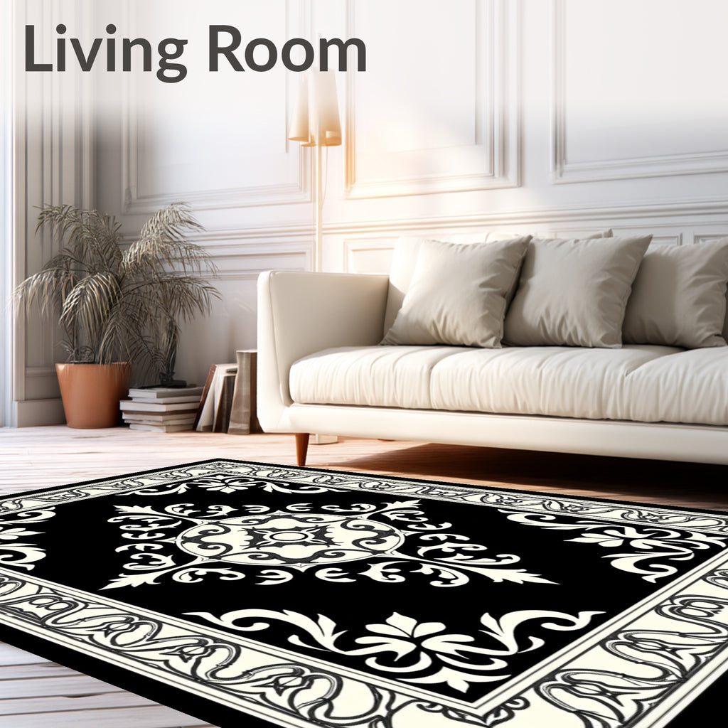 Elegant Black Cream Scrollwork Medallion Rug