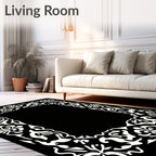 Ornate Black White Floral Border Rug