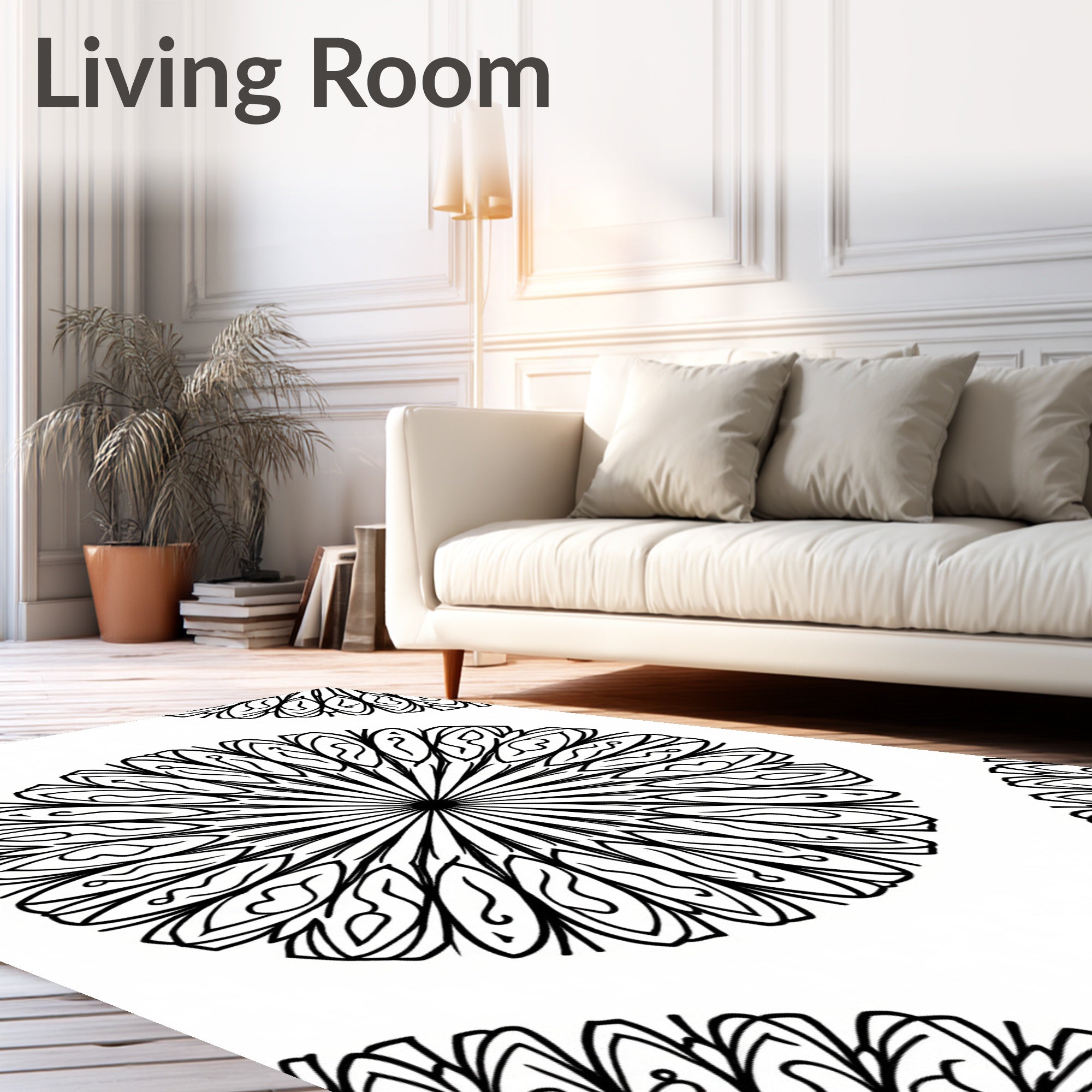 Intricate Black Floral Mandala Design Rug