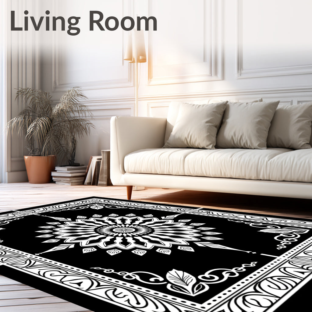 Intricate Black White Mandala Pattern Rug