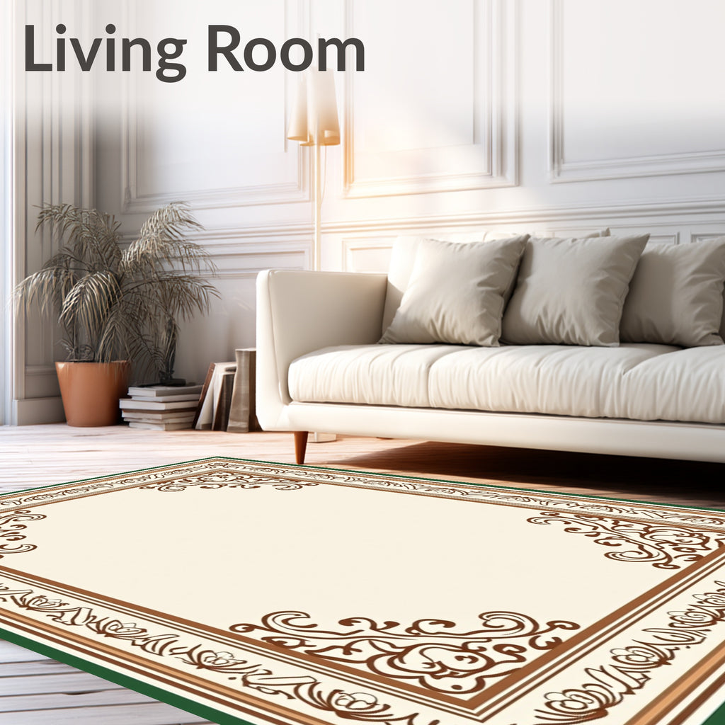 Ornamental Brown Scrollwork Cream Border Rug