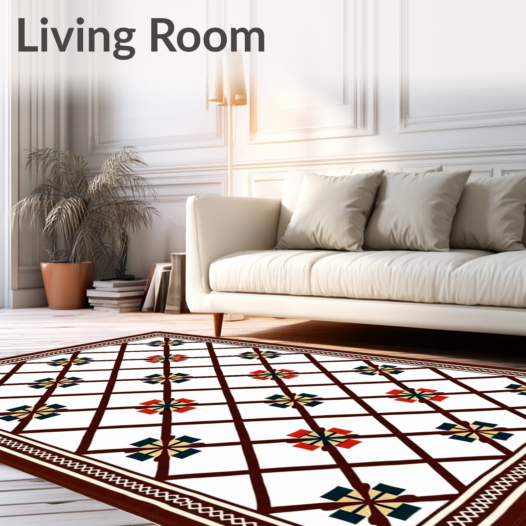 Geometric Lattice Red Blue Ochre Rug