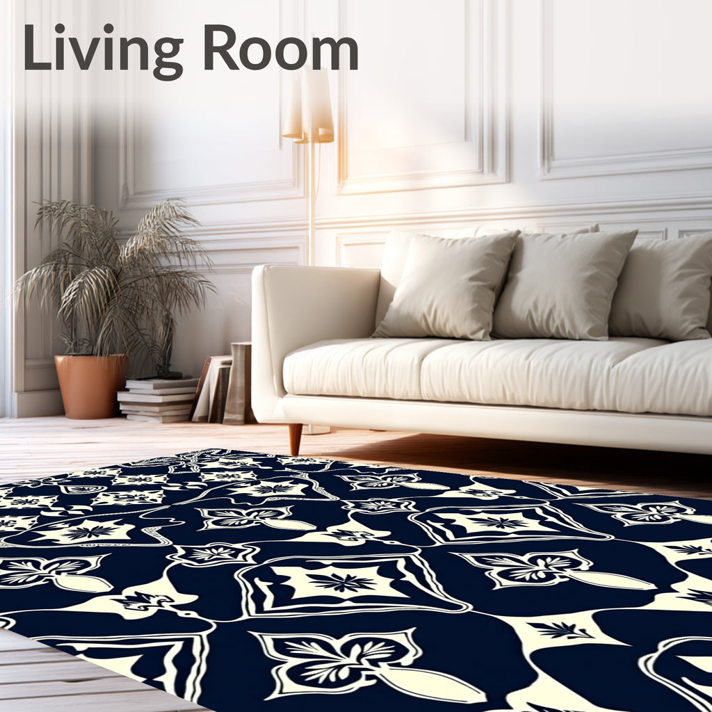 Elegant Navy Botanical Medallion Design Rug
