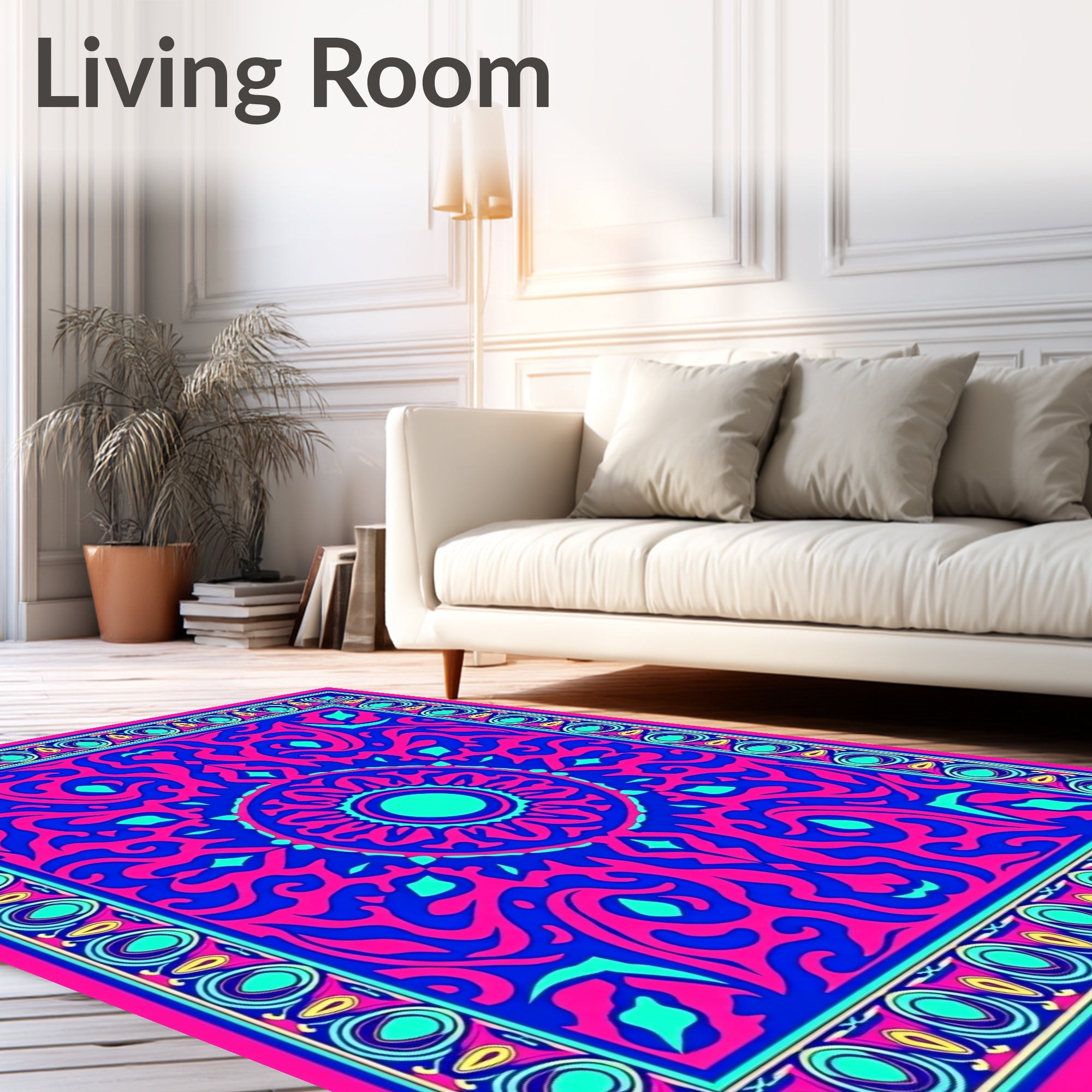 Vibrant Pink Blue Floral Mandala Design Rug