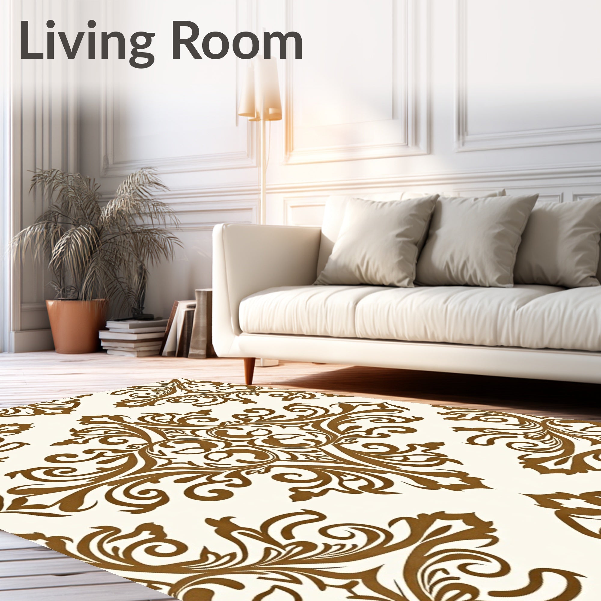 Classic Brown Damask Scroll Pattern Rug