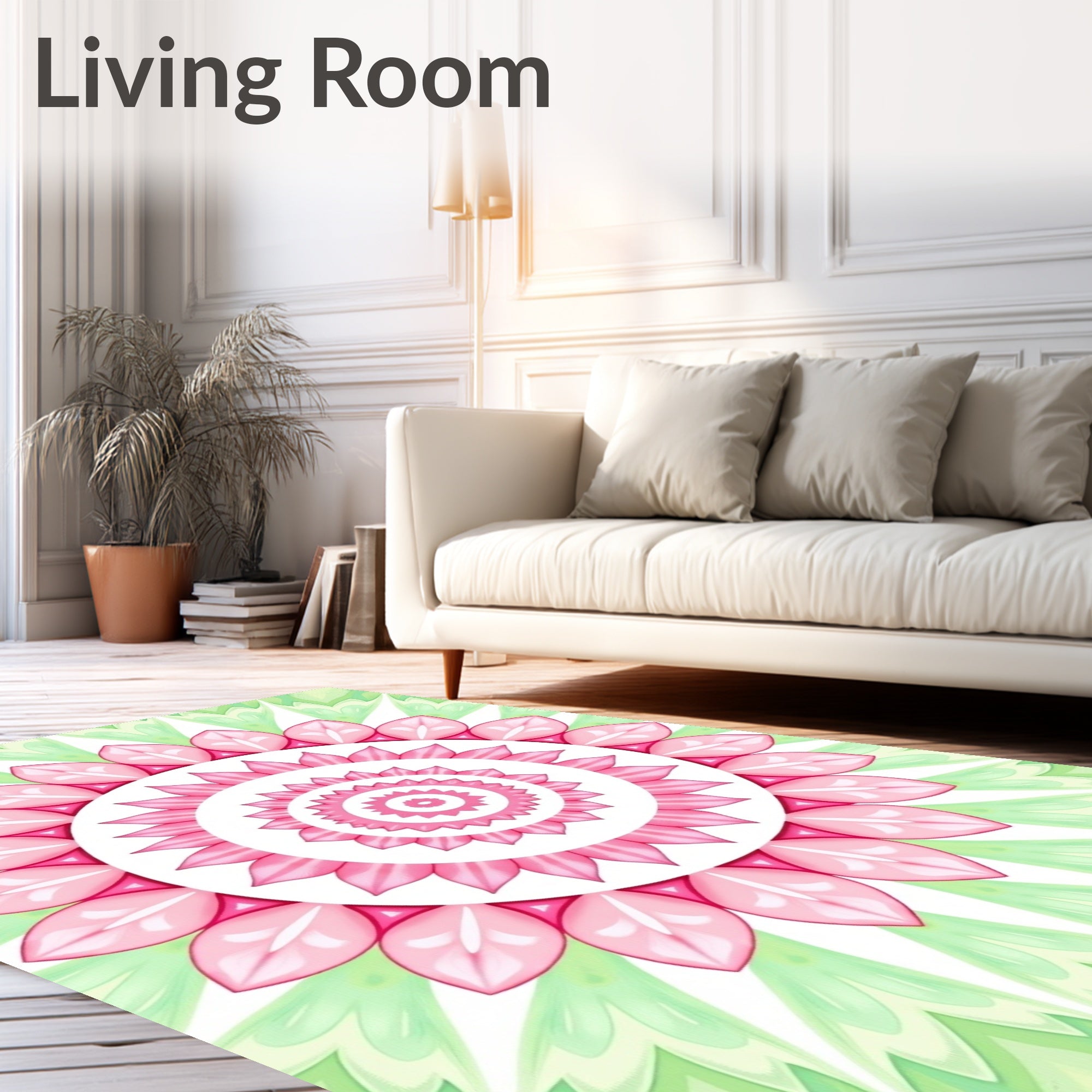 Pink Green Floral Mandala Pattern Rug