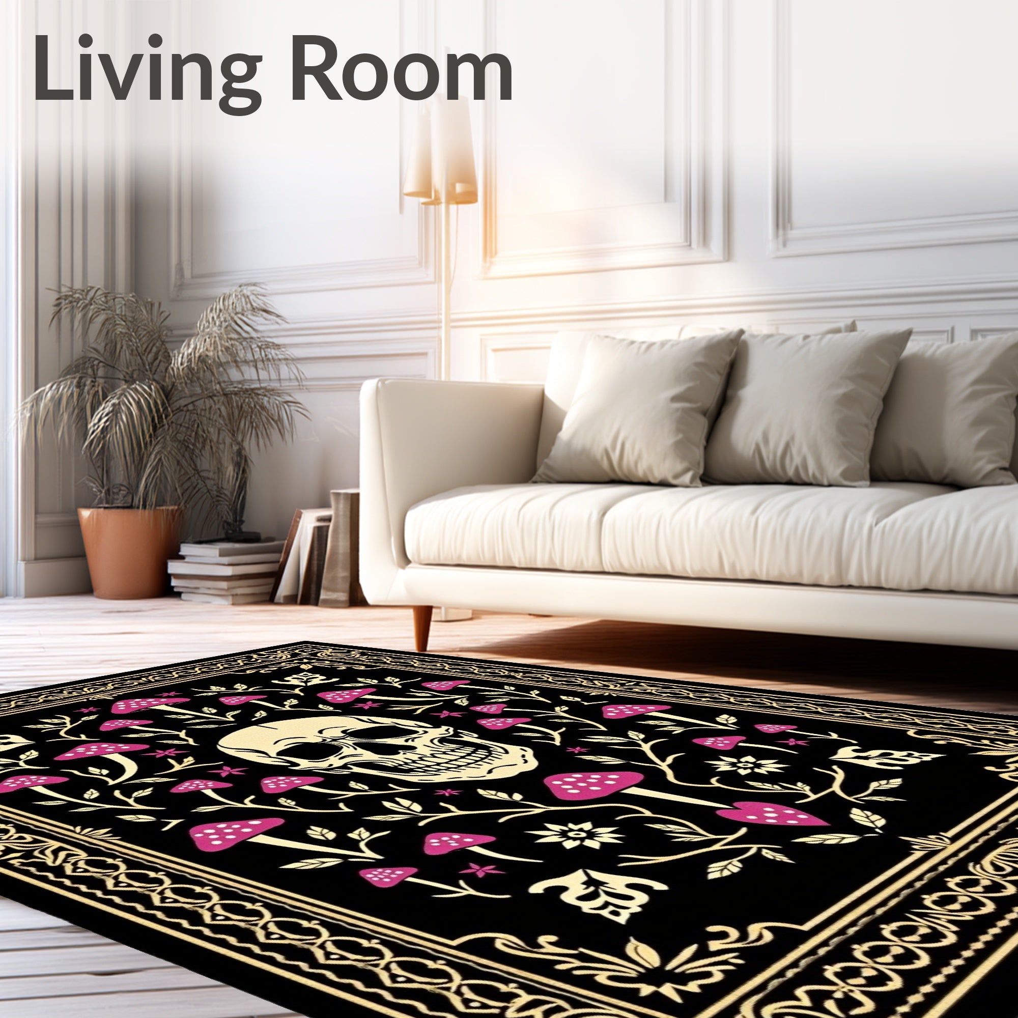Dark Skull Mushroom Floral Pattern Rug