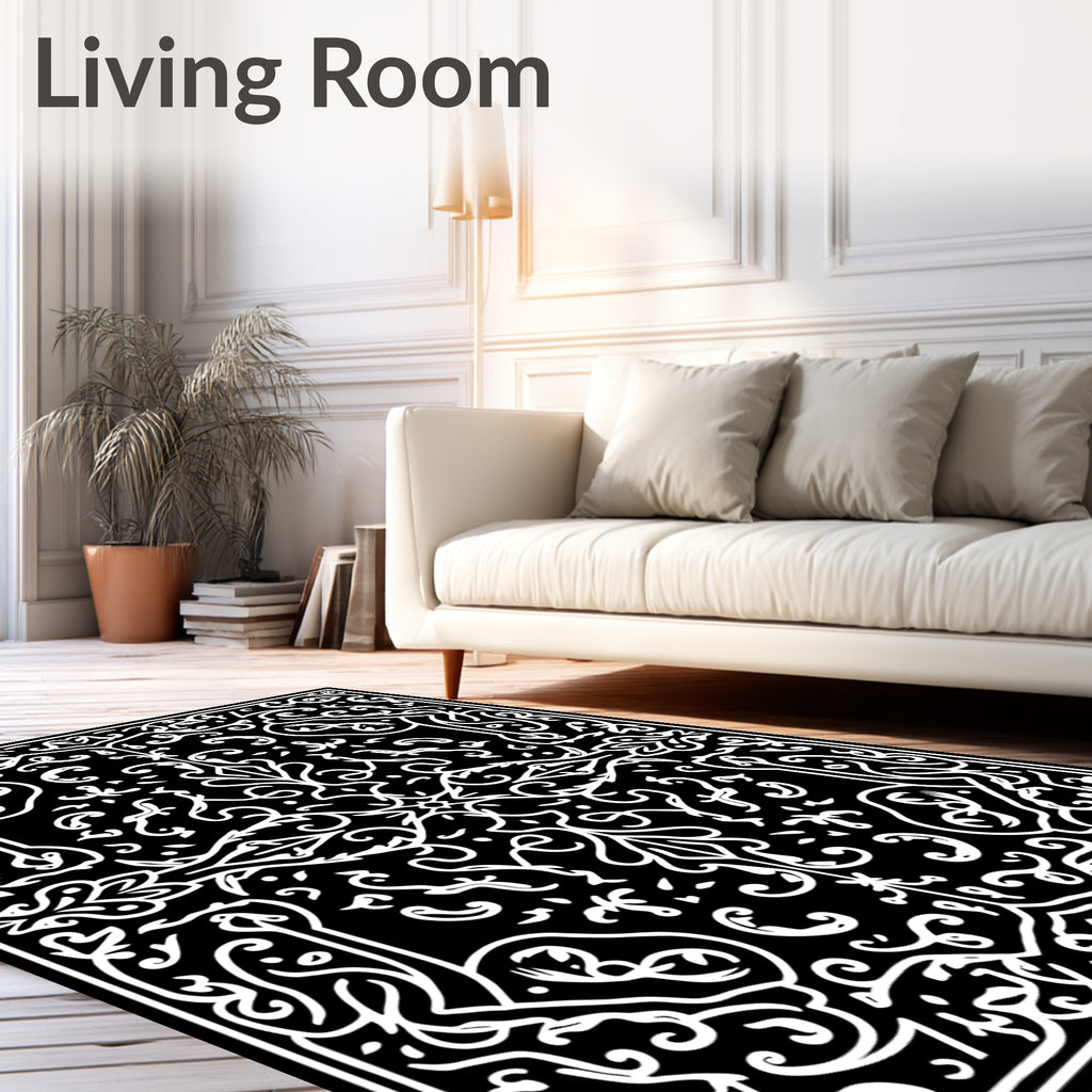 Intricate Black White Floral Design Rug