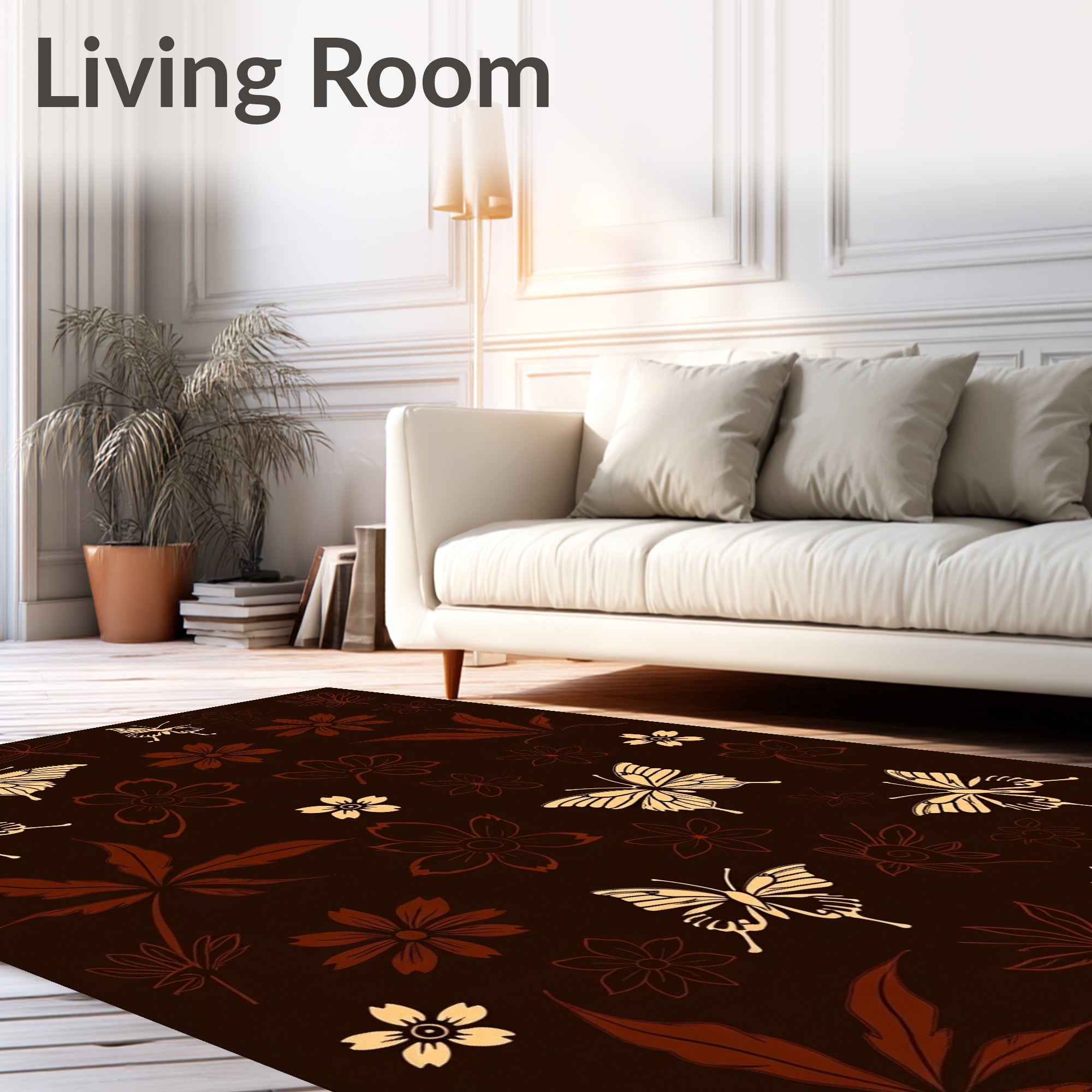 Brown Butterfly Floral Pattern Rug