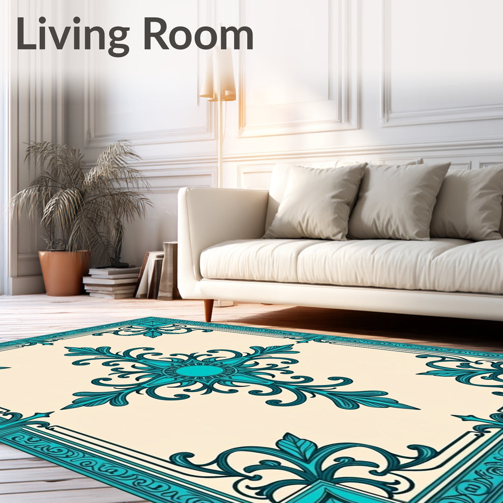 Teal Ornate Floral Border Rug