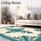 Teal Ornate Floral Border Rug
