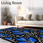 Elegant Blue Leaf Scroll Pattern Rug