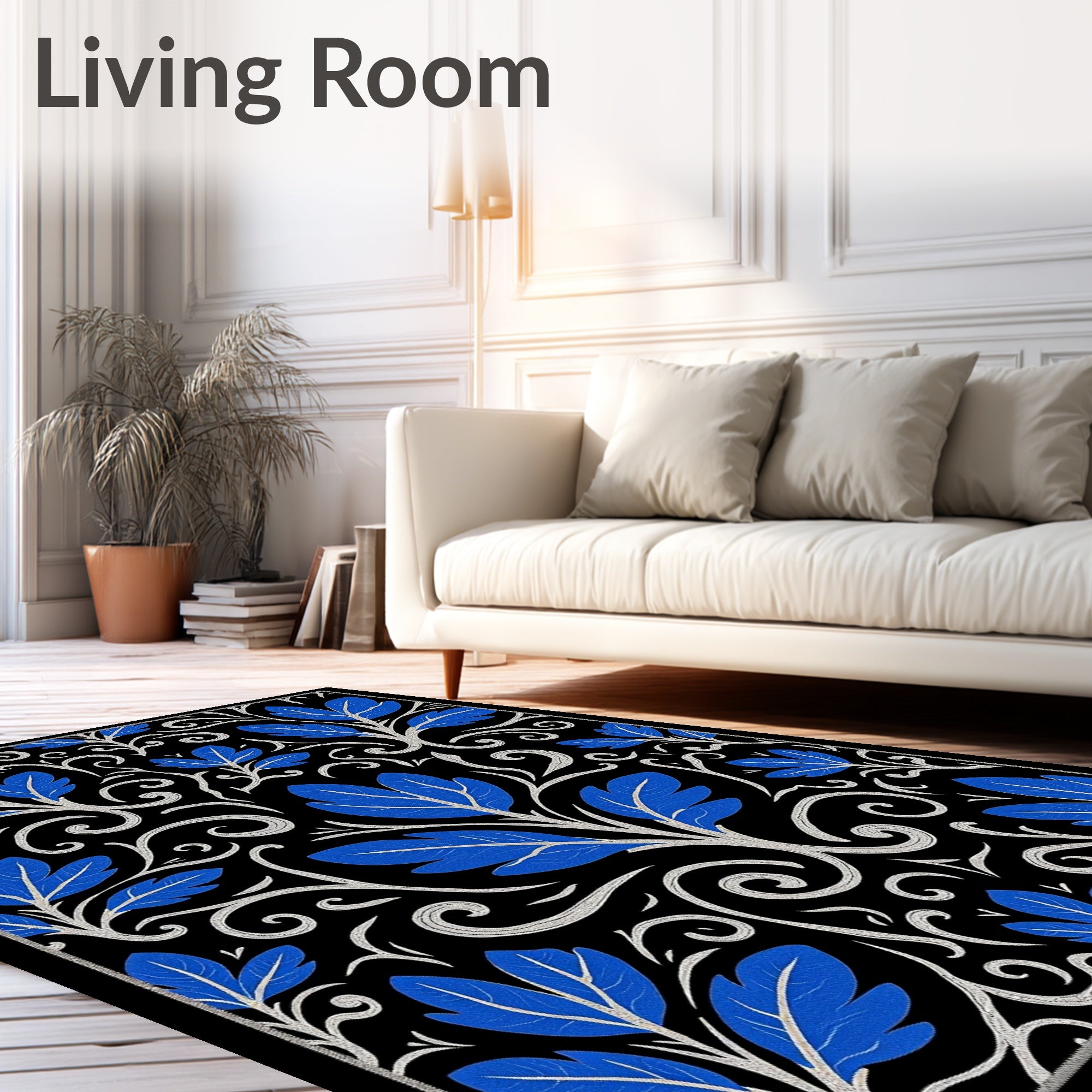 Elegant Blue Leaf Scroll Pattern Rug