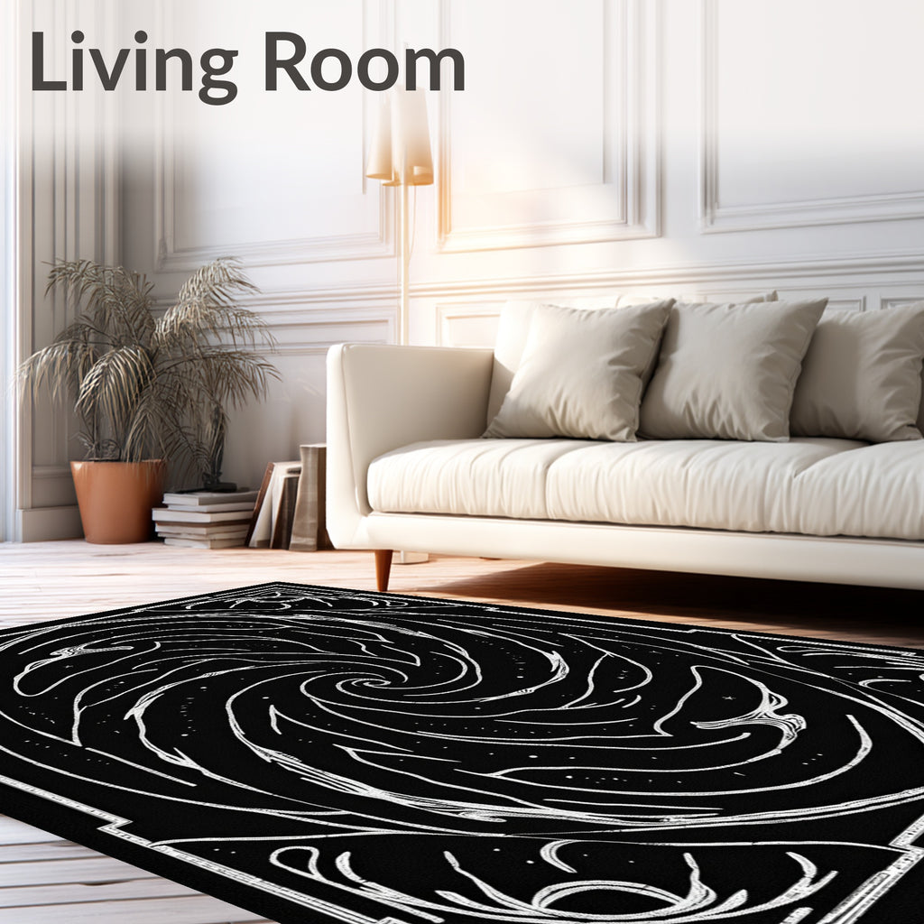 Ornate Swirl White On Black Design Rug