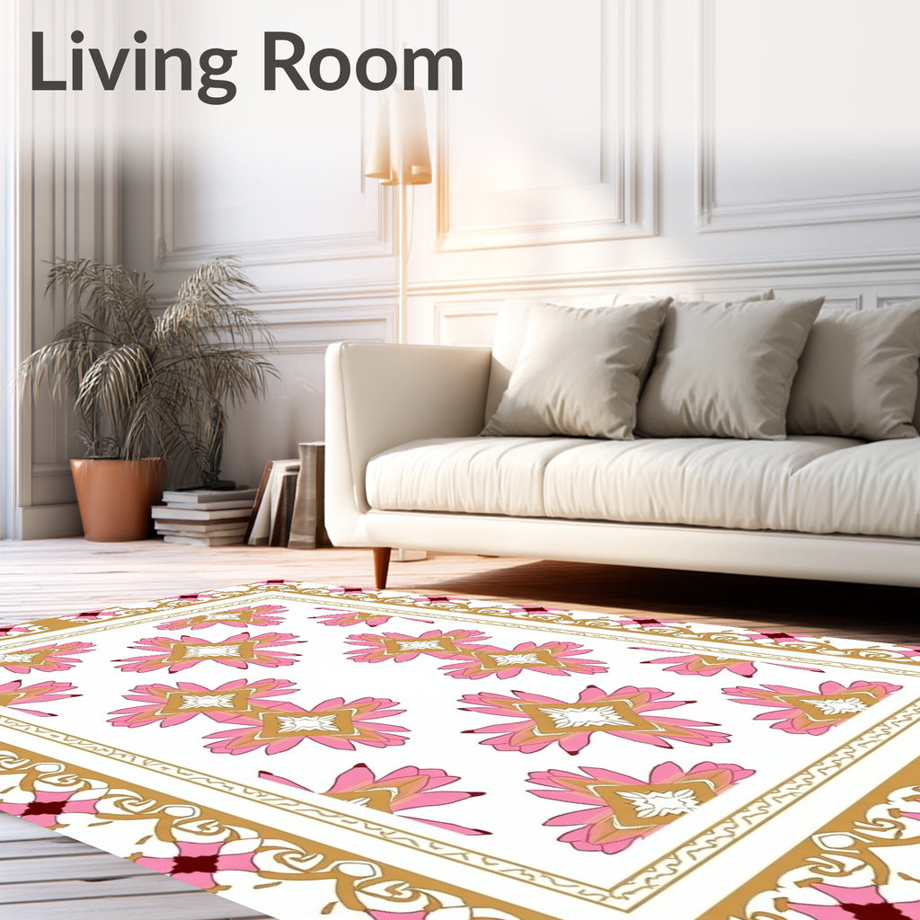 Pink Gold Floral Geometric Pattern Rug