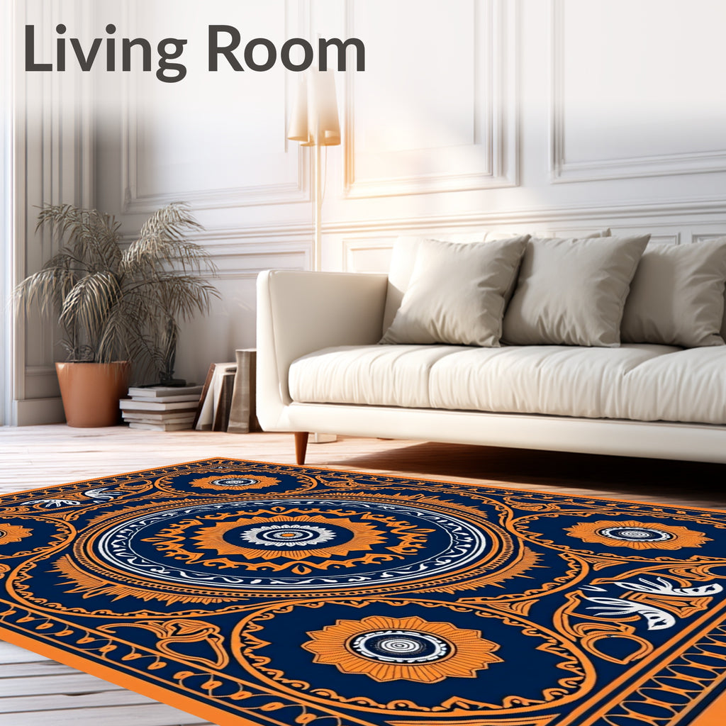 Ornate Orange Navy Mandala Design Rug