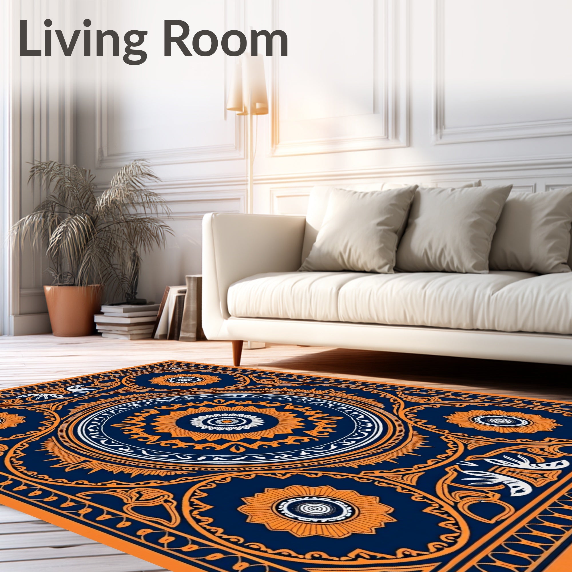 Ornate Orange Navy Mandala Design Rug