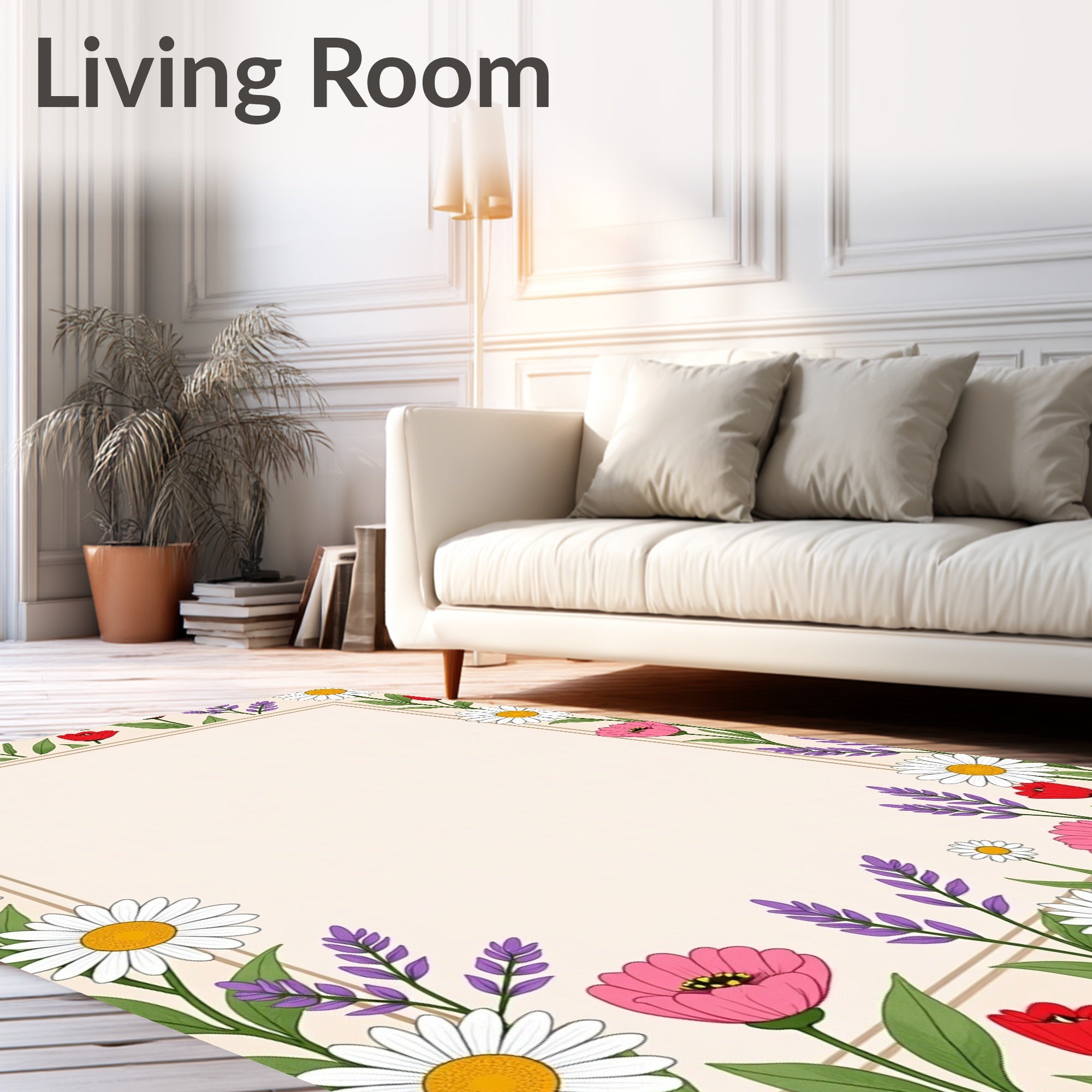 Floral Daisy Tulip Border Design Rug