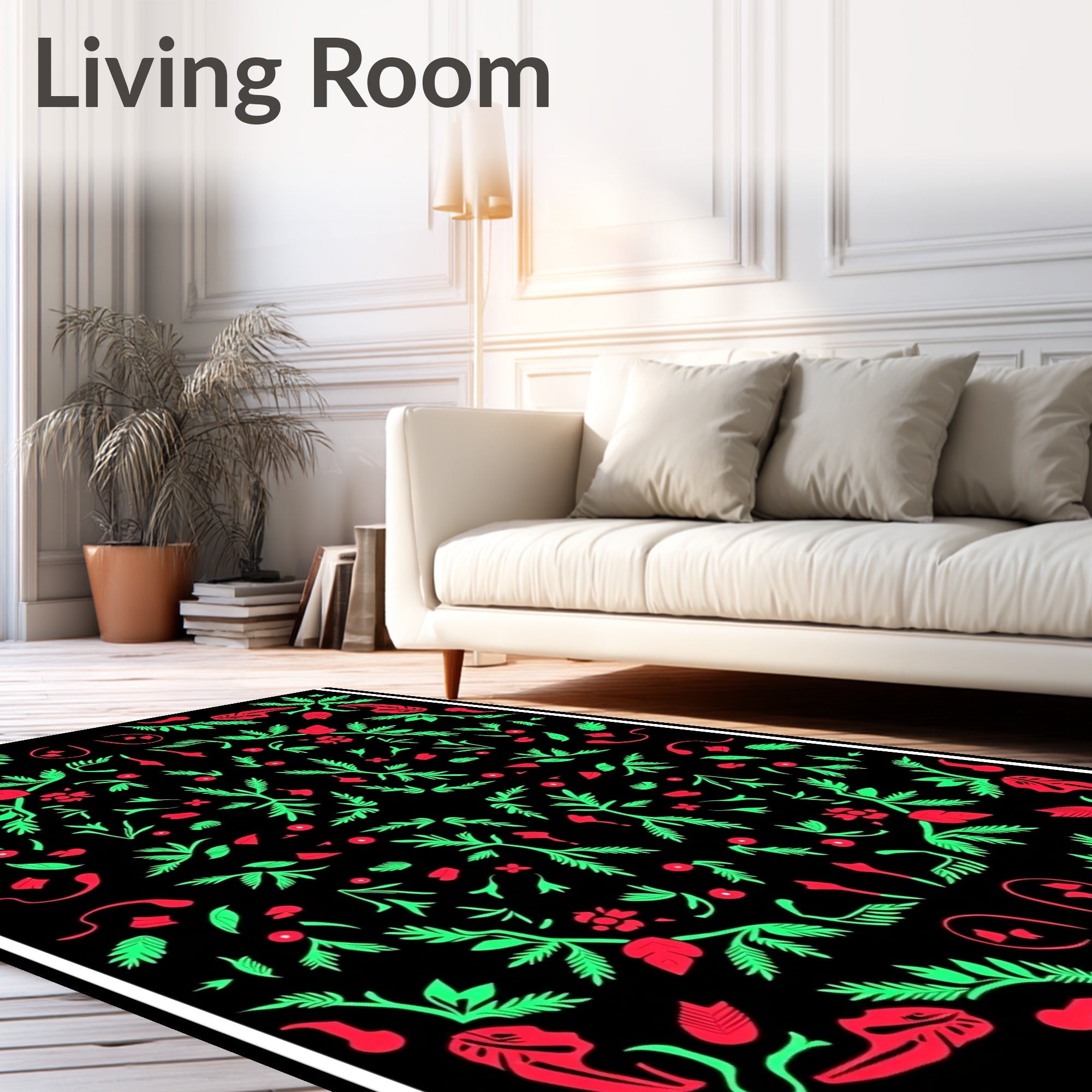 Vibrant Red Green Botanical Garden Rug