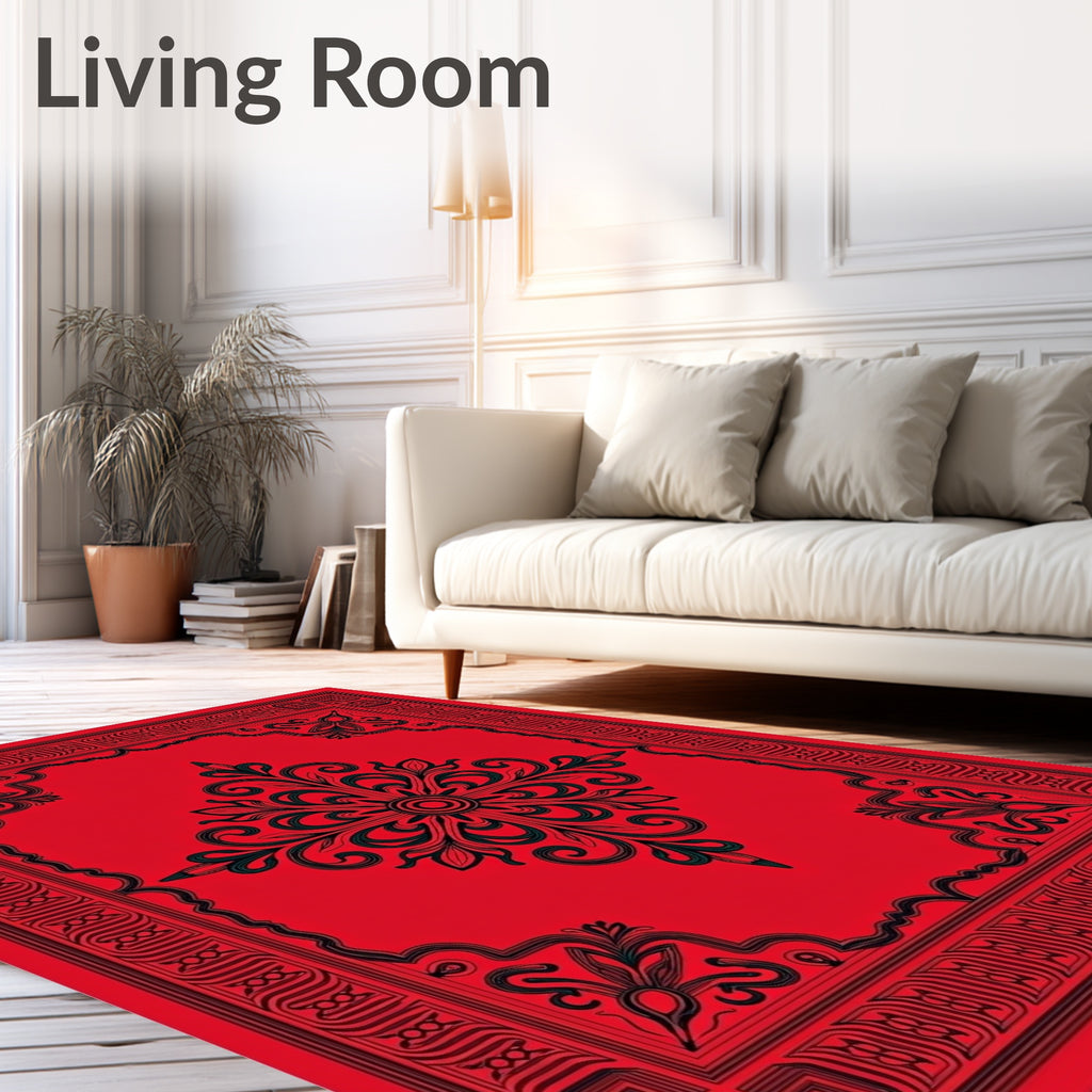 Ornate Red Black Floral Scroll Design Rug