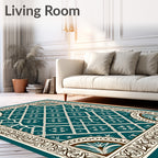 Teal White Geometric Floral Border Rug