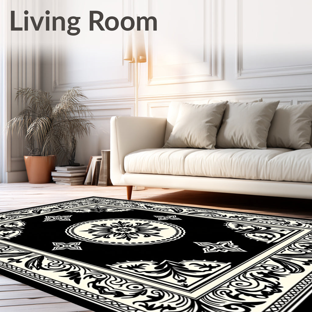 Black and Cream Floral Mandala Border Rug