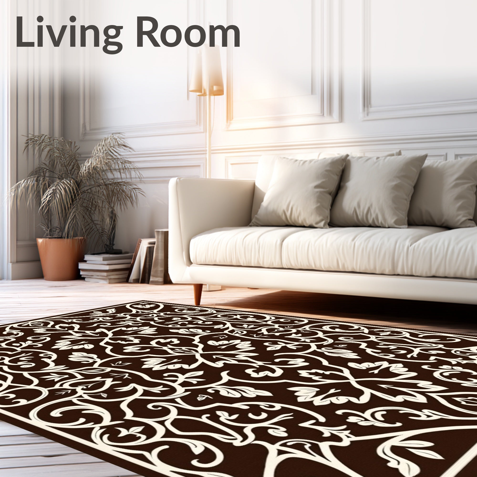 Ornate Brown Cream Leafy Scrollwork Rug