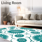 Teal Floral Patterned Decorative Rug
