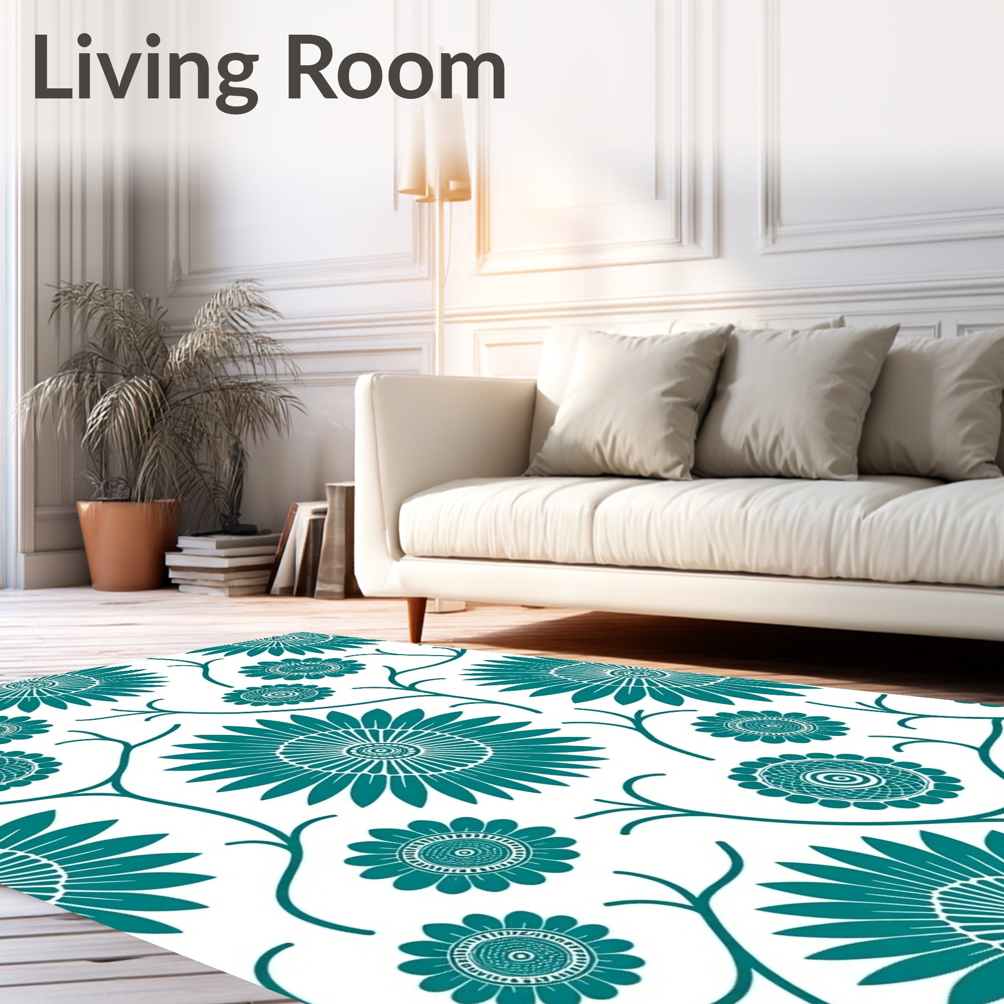 Teal Floral Patterned Decorative Rug