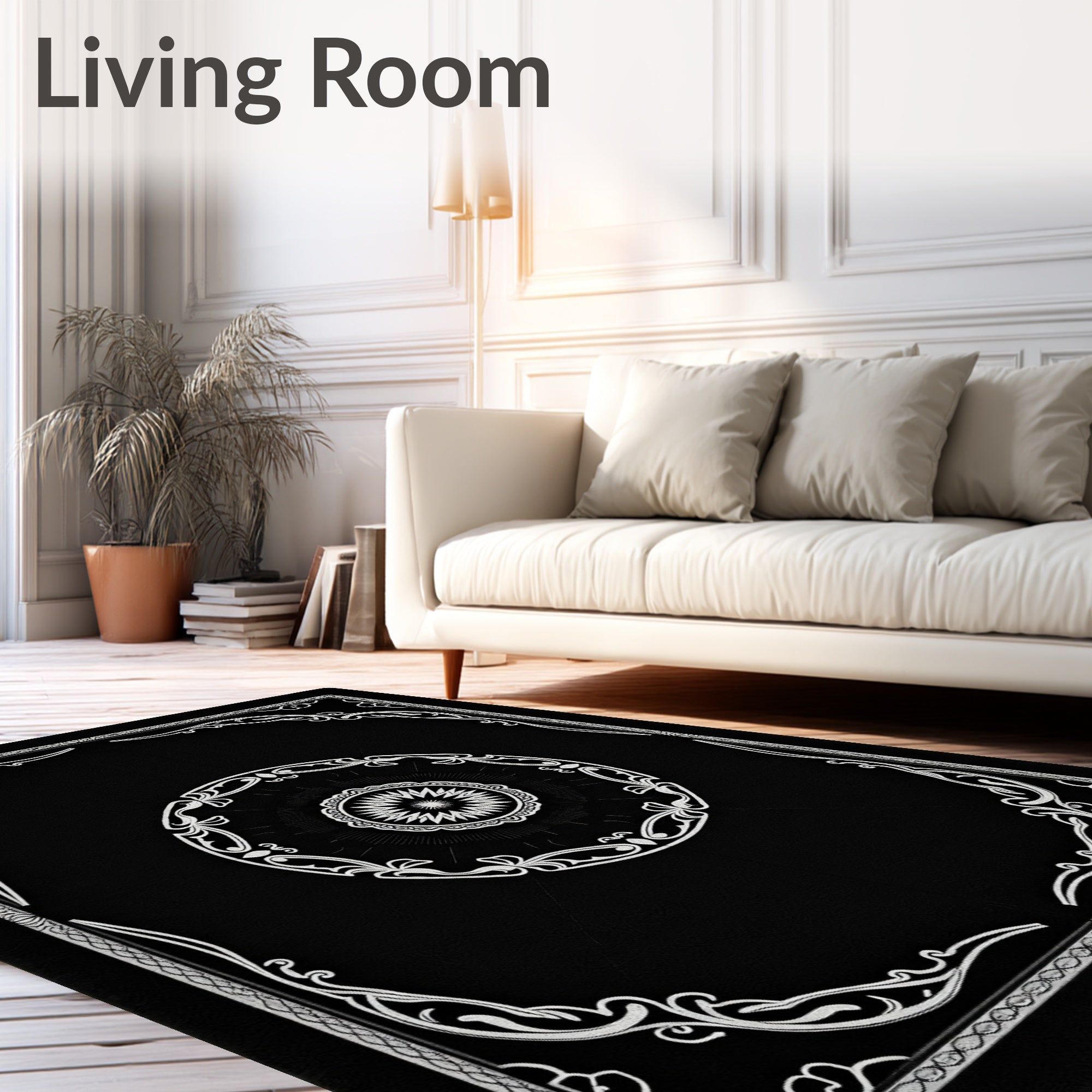 Black White Ornate Mandala Design Rug