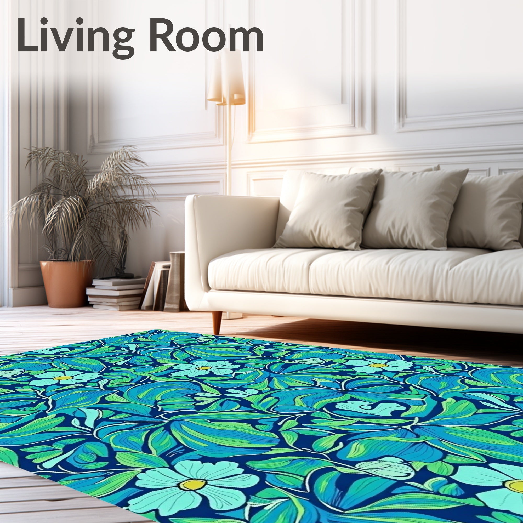 Tropical Floral Patterned Blue Green Rug