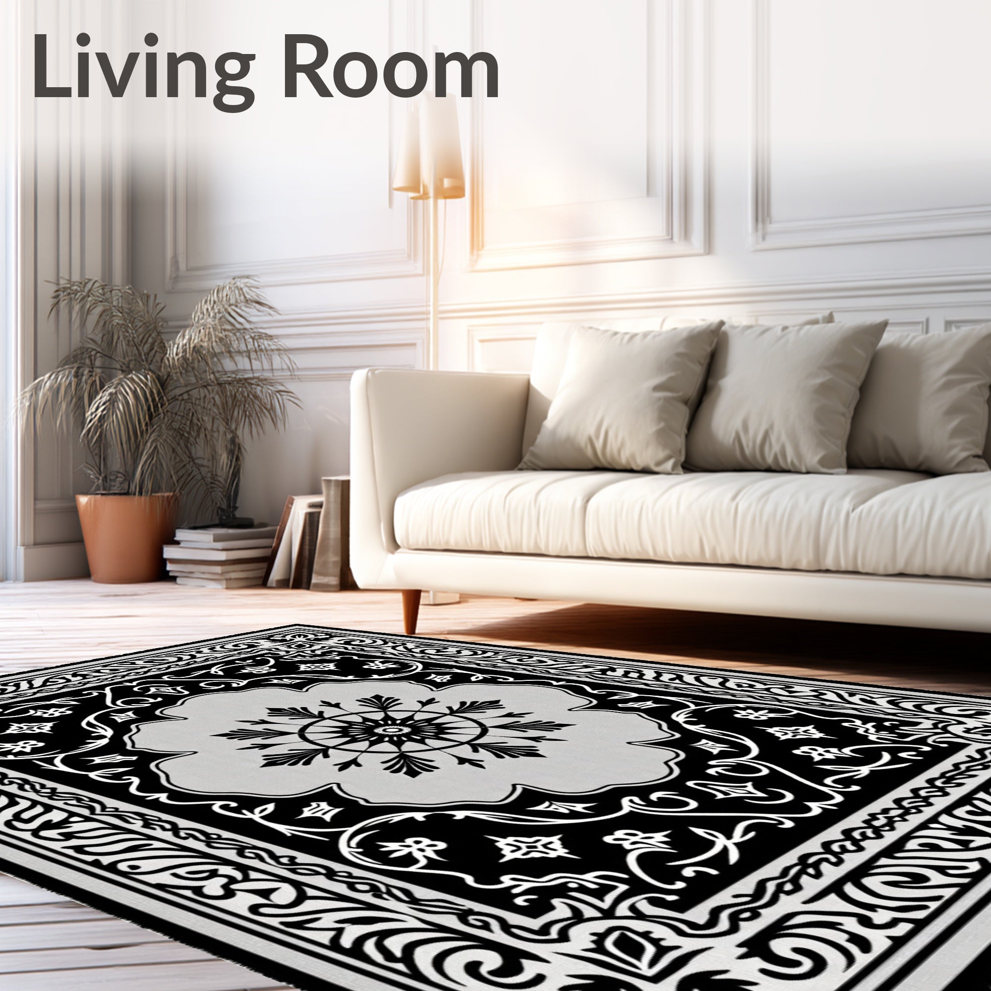 Monochromatic Floral Medallion Scrollwork Rug