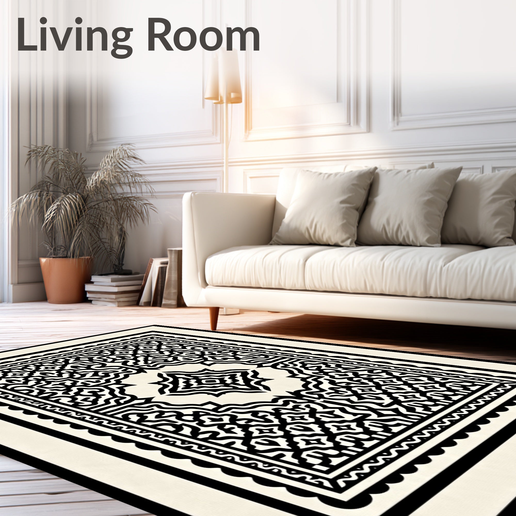 Black White Intricate Geometric Pattern Rug