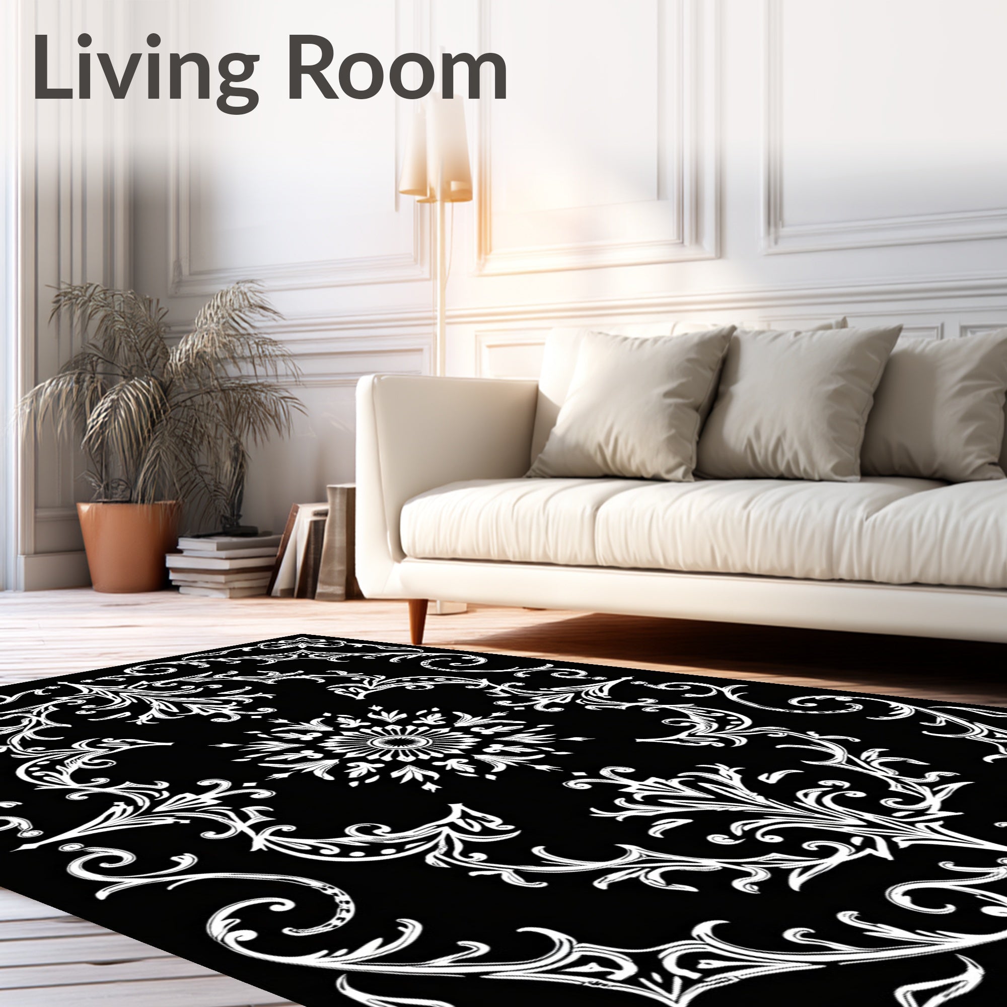 White Ornate Floral Scrollwork Rug