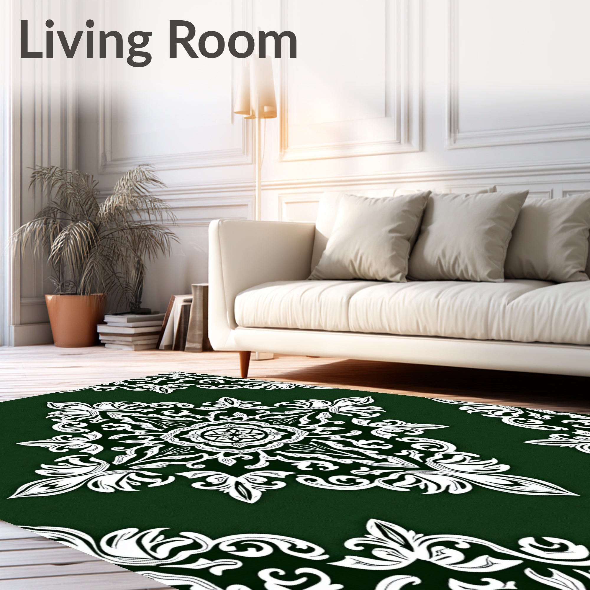 Intricate White Floral Emerald Pattern Rug