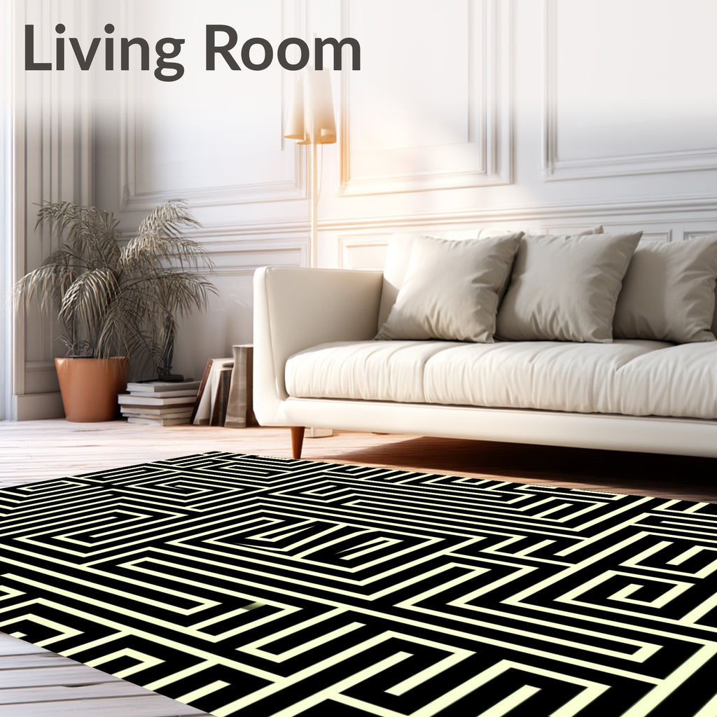 Modern Black Yellow Labyrinth Pattern Rug