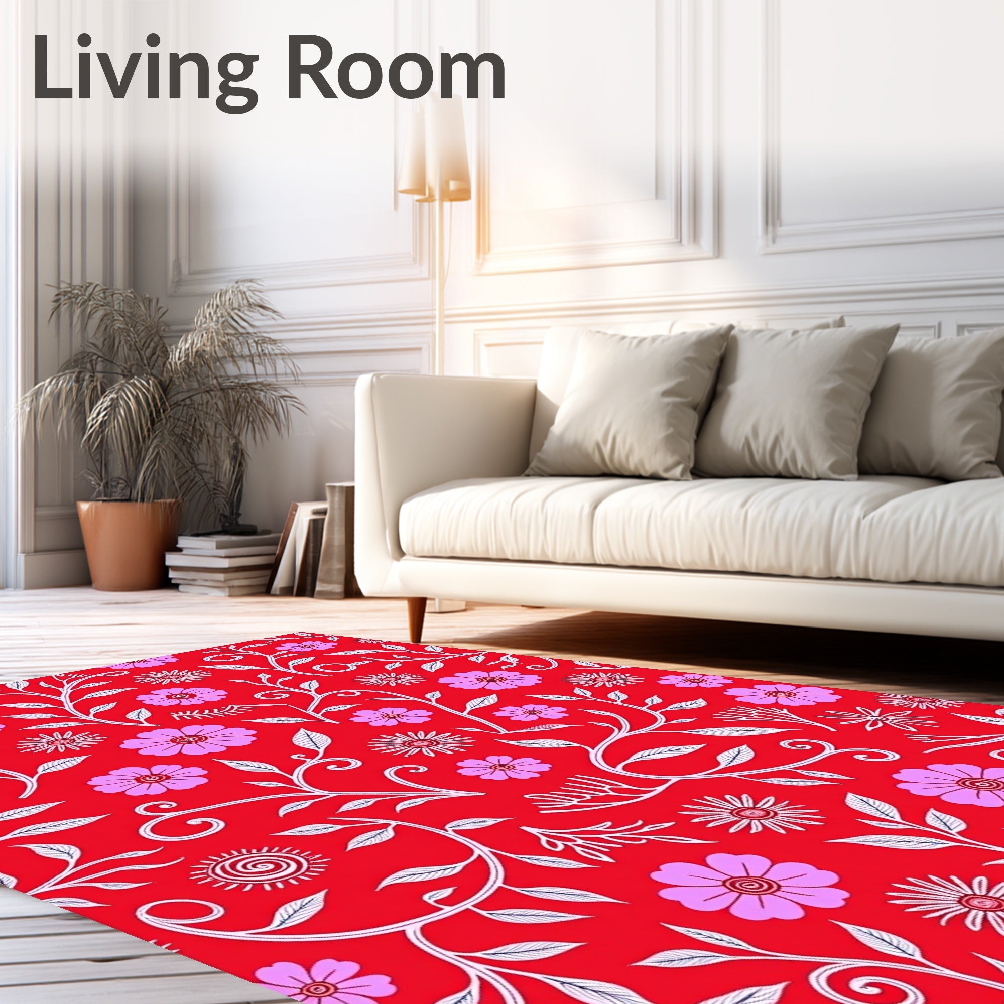Floral Vine Pattern Red Pink White Rug