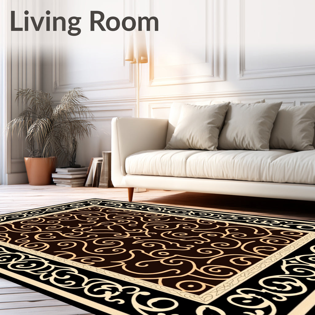Ornate Scrollwork Black Beige Design Rug