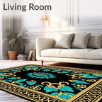 Black Teal Gold Floral Medallion Rug