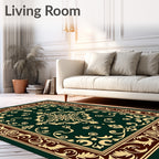 Elegant Gold Dark Green Floral Border Rug