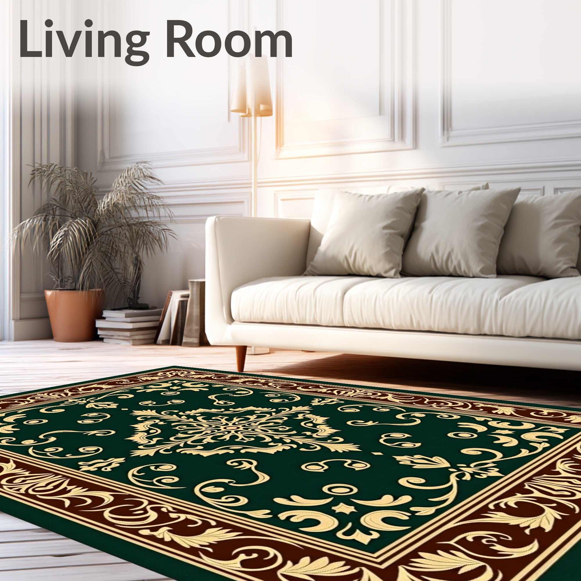 Elegant Gold Dark Green Floral Border Rug