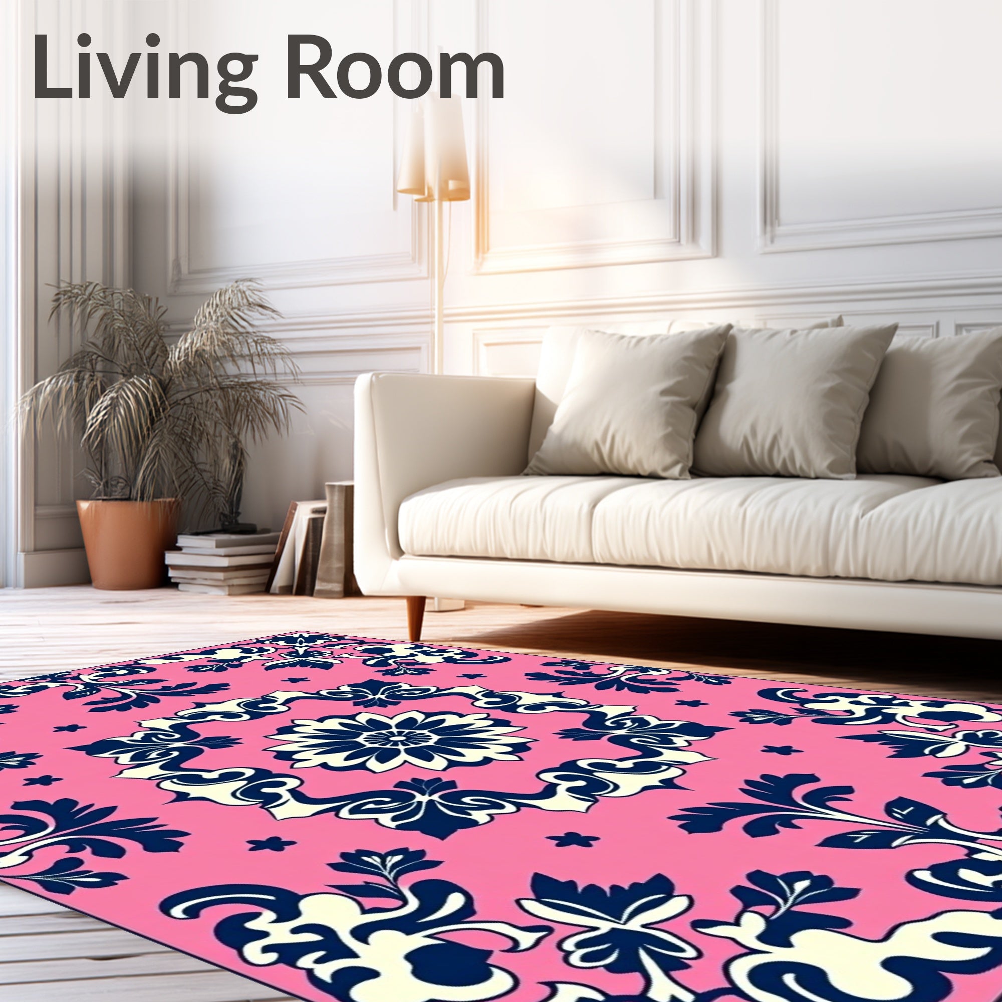 Pink Floral Scrollwork Damask Rug