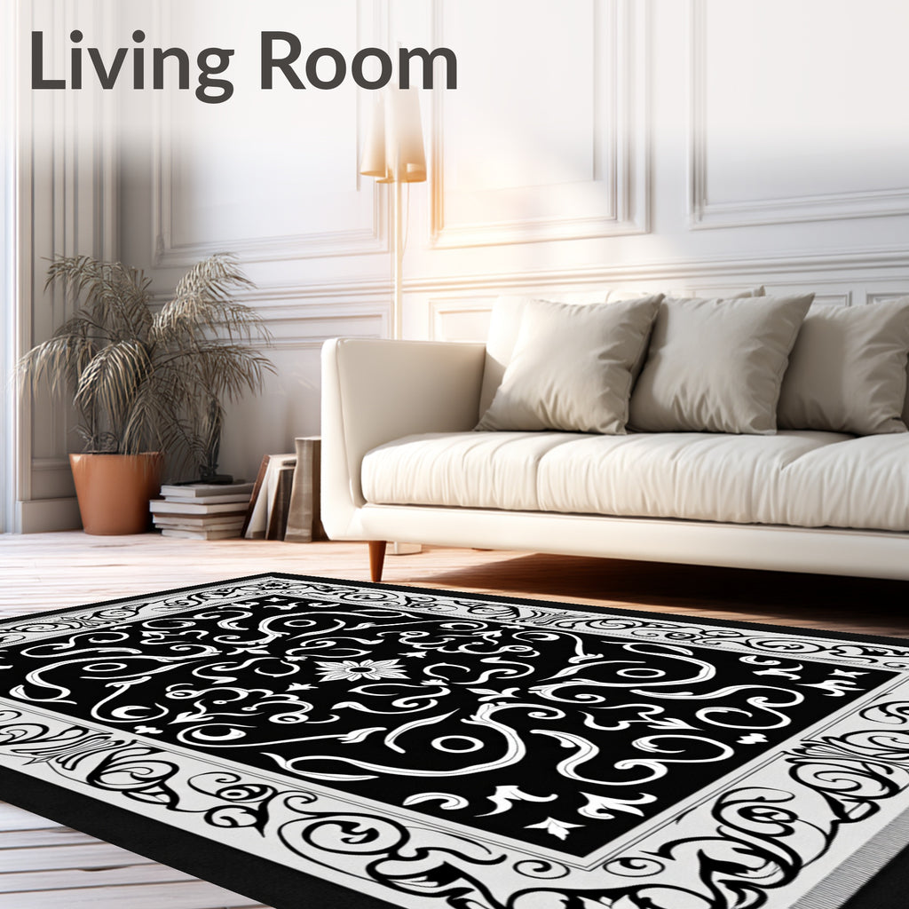 Ornate Black White Swirl Pattern Rug