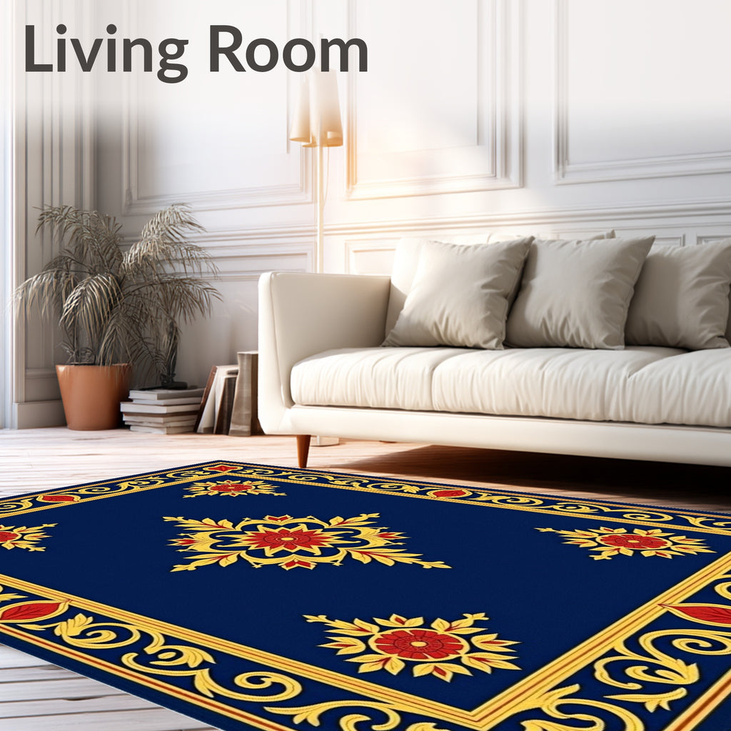 Ornate Floral Blue Gold Rug
