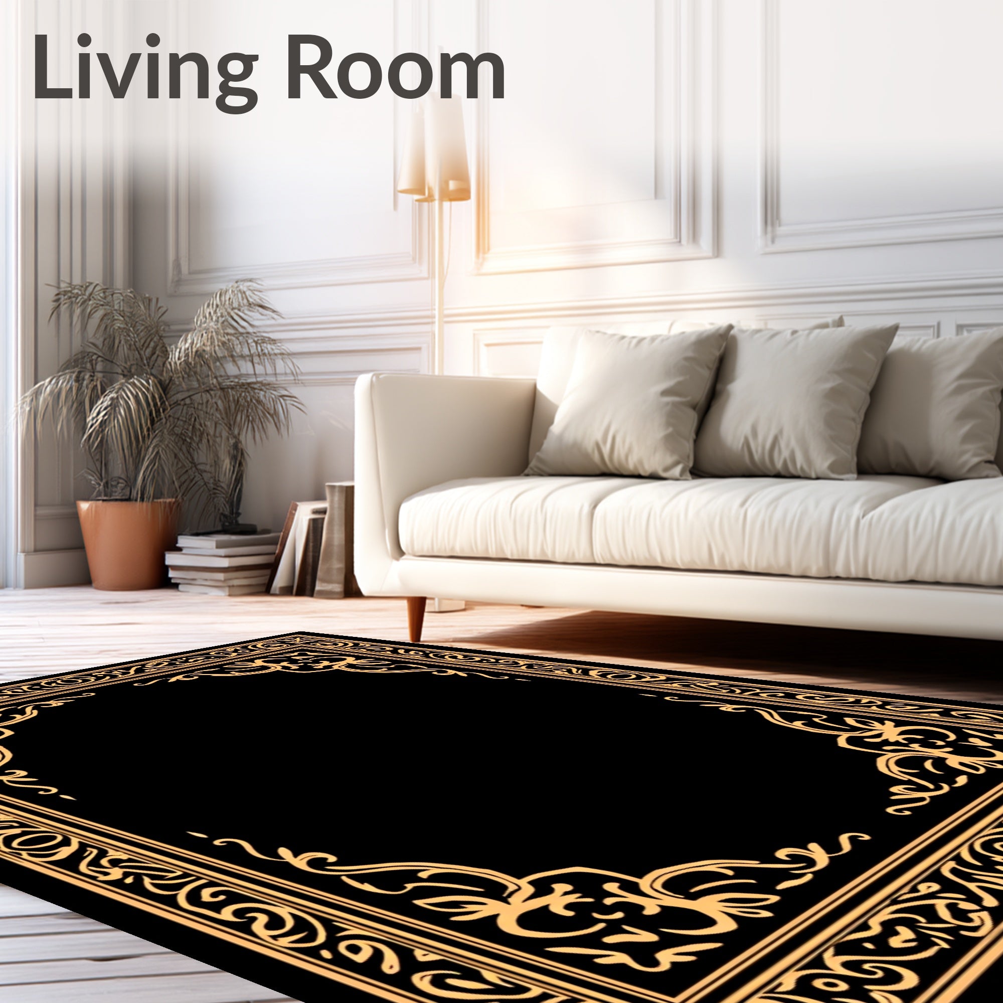 Golden Ornate Scrollwork Frame Design Rug