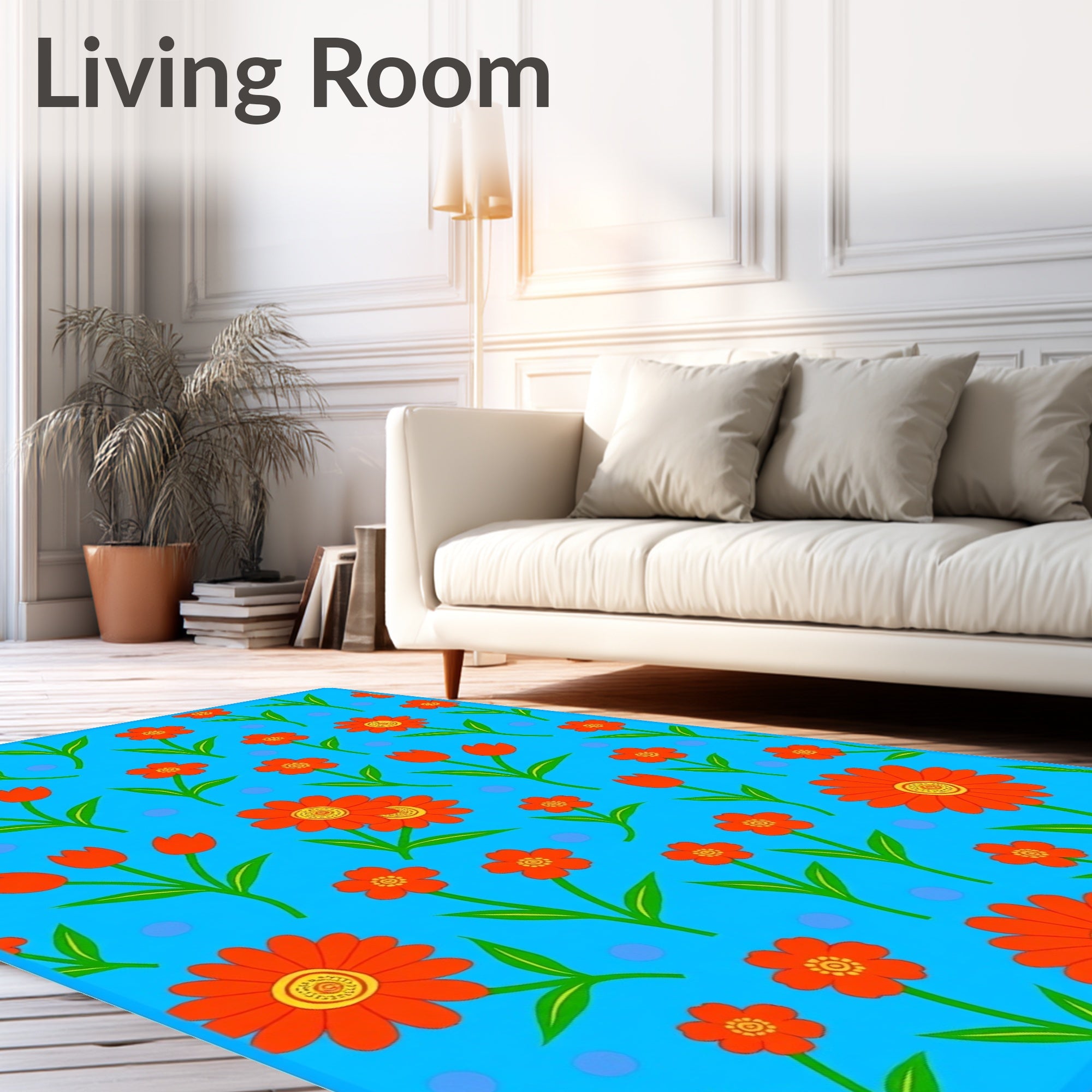 Bright Orange Floral Blue Pattern Rug