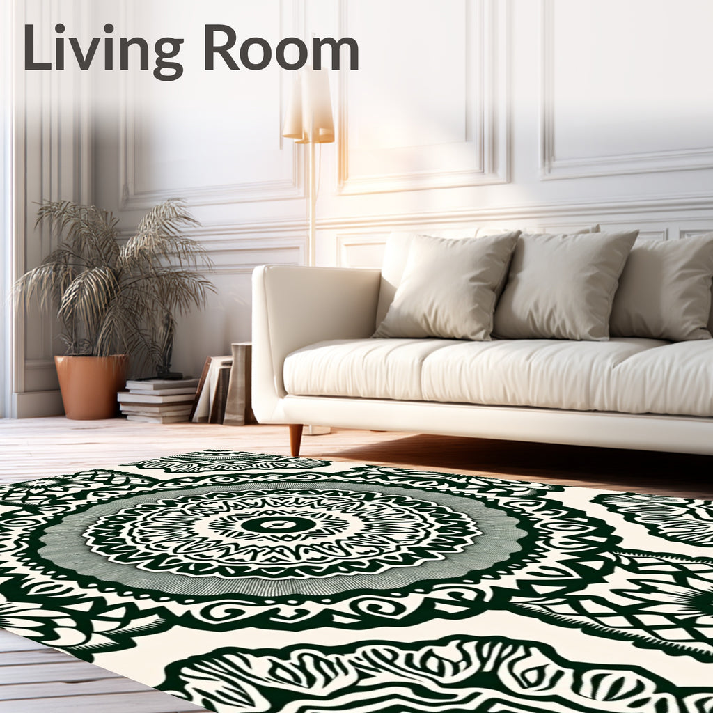 Dark Green Cream Mandala Print Rug
