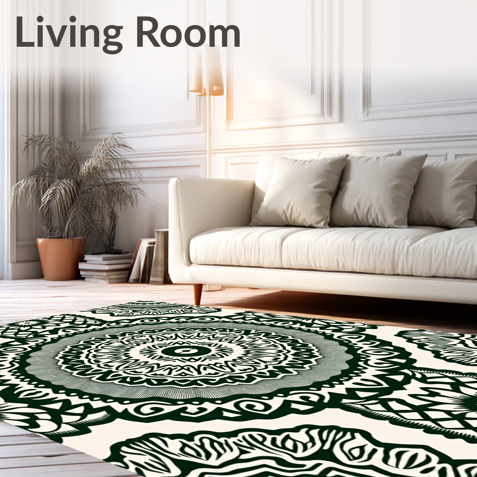 Dark Green Cream Mandala Print Rug