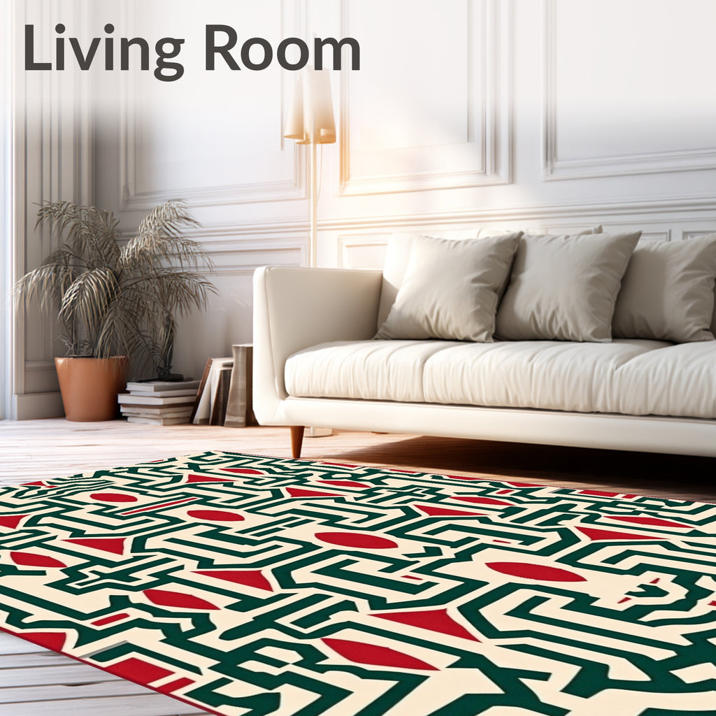 Bold Red And Green Geometric Maze Rug