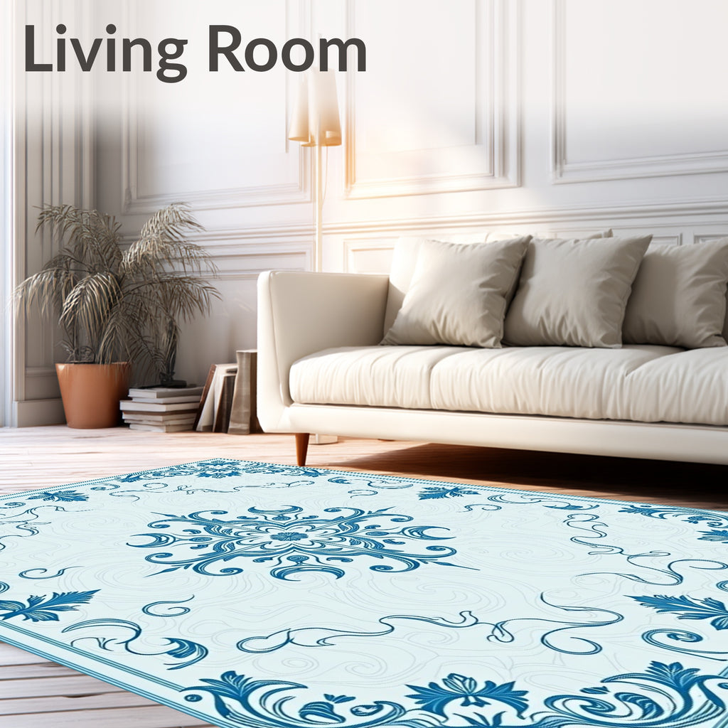 Elegant Blue Floral Scrollwork Pattern Rug